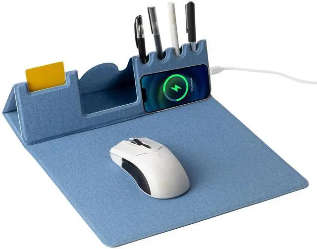 Main image of Mouse Pad with Phone Holder & Pen Holders, Wireless Charging Desk Mat, Mousepad Home Office Desk Pad with Ultra-Smooth Surface, Non-Slip Base, Waterproof Keyboard Pad, Classic Blue Desk Mat
