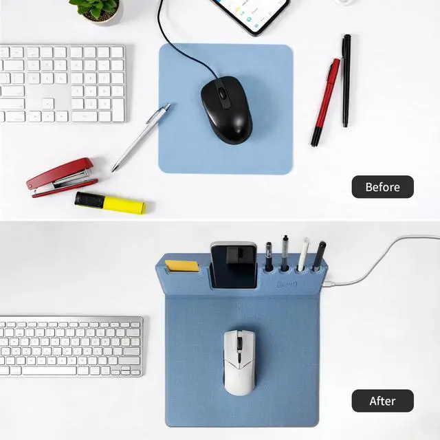 Alt view image 3 of 7 - Mouse Pad with Phone Holder & Pen Holders, Wireless Charging Desk Mat, Mousepad Home Office Desk Pad with Ultra-Smooth Surface, Non-Slip Base, Waterproof Keyboard Pad, Classic Blue Desk Mat