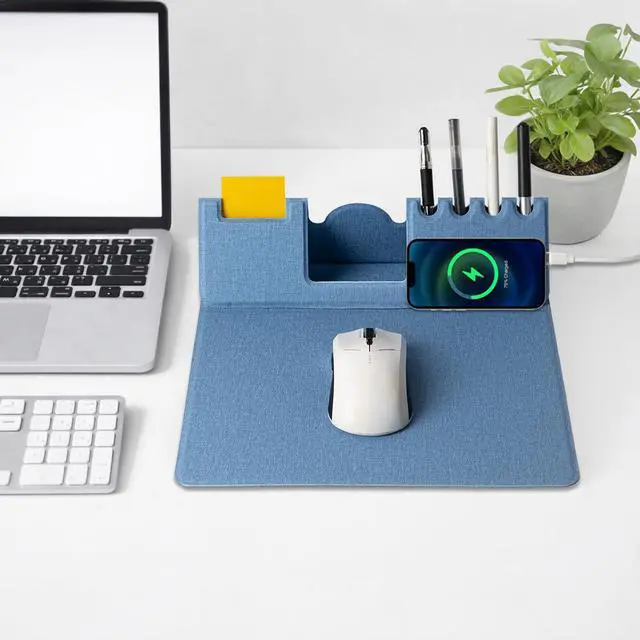 Alt view image 2 of 7 - Mouse Pad with Phone Holder & Pen Holders, Wireless Charging Desk Mat, Mousepad Home Office Desk Pad with Ultra-Smooth Surface, Non-Slip Base, Waterproof Keyboard Pad, Classic Blue Desk Mat