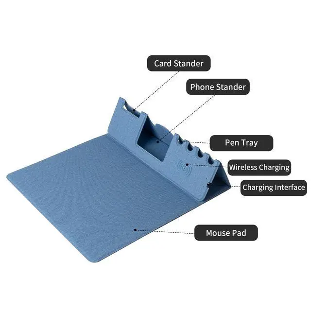 Alt view image 4 of 7 - Mouse Pad with Phone Holder & Pen Holders, Wireless Charging Desk Mat, Mousepad Home Office Desk Pad with Ultra-Smooth Surface, Non-Slip Base, Waterproof Keyboard Pad, Classic Blue Desk Mat