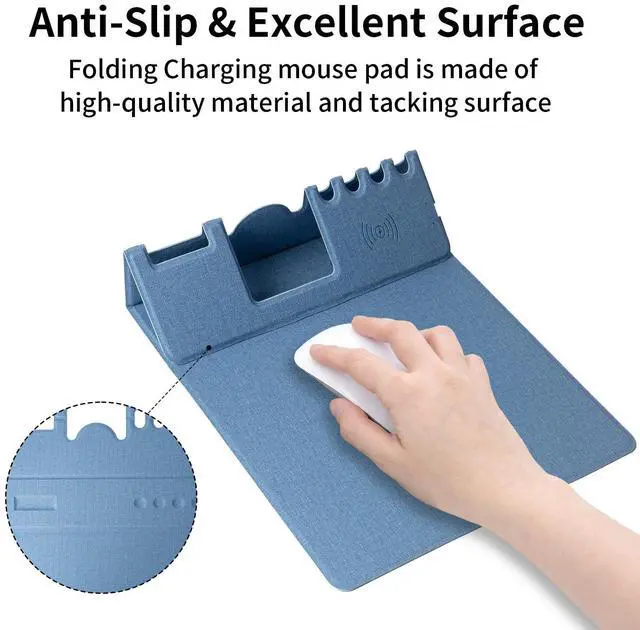 Alt view image 5 of 7 - Mouse Pad with Phone Holder & Pen Holders, Wireless Charging Desk Mat, Mousepad Home Office Desk Pad with Ultra-Smooth Surface, Non-Slip Base, Waterproof Keyboard Pad, Classic Blue Desk Mat