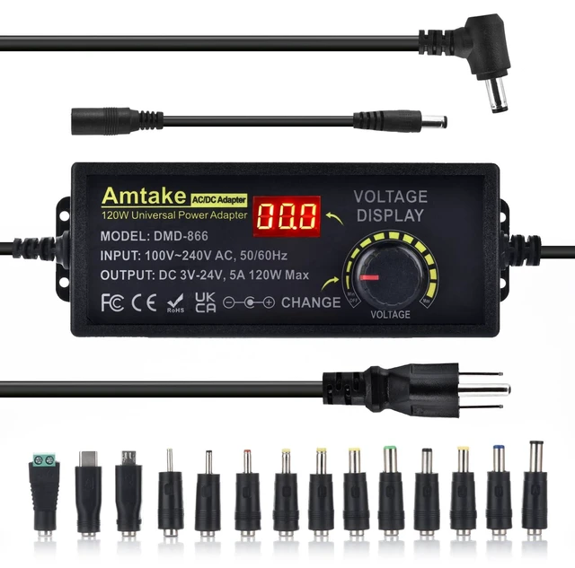 Main image of Universal Power Supply Adjustable AC to DC 3V ~ 24V Variable Switching AC/DC Adapter 5A 120W with LED Voltage Display and 5.5 x 2.5 mm 14 Tips for Household Electronics, DC Motor