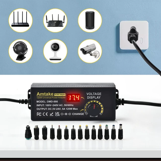 Alt view image 2 of 7 - Universal Power Supply Adjustable AC to DC 3V ~ 24V Variable Switching AC/DC Adapter 5A 120W with LED Voltage Display and 5.5 x 2.5 mm 14 Tips for Household Electronics, DC Motor