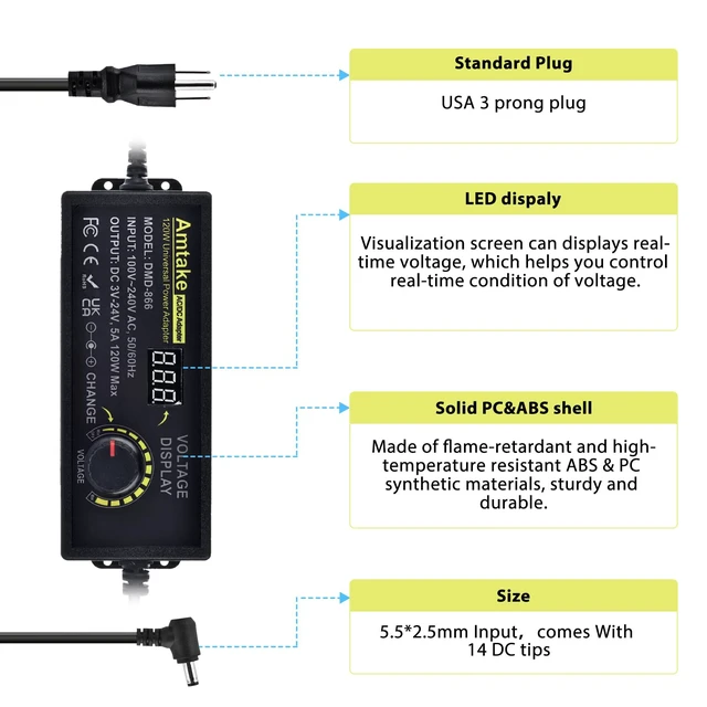 Alt view image 3 of 7 - Universal Power Supply Adjustable AC to DC 3V ~ 24V Variable Switching AC/DC Adapter 5A 120W with LED Voltage Display and 5.5 x 2.5 mm 14 Tips for Household Electronics, DC Motor