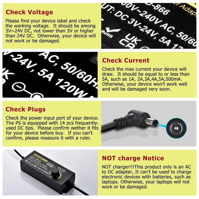 Alt view image 4 of 7 - Universal Power Supply Adjustable AC to DC 3V ~ 24V Variable Switching AC/DC Adapter 5A 120W with LED Voltage Display and 5.5 x 2.5 mm 14 Tips for Household Electronics, DC Motor