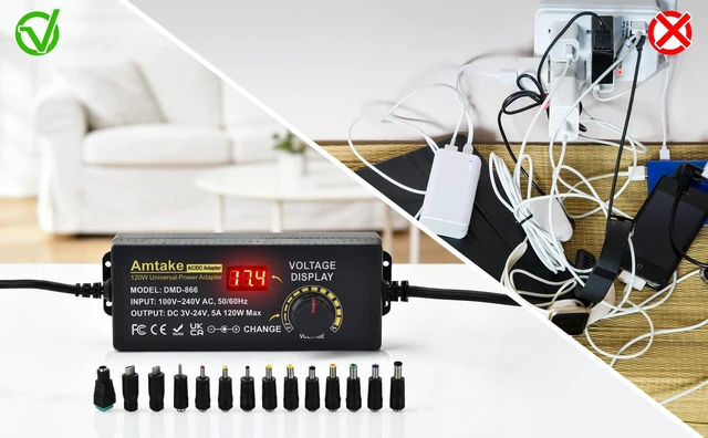 Alt view image 6 of 7 - Universal Power Supply Adjustable AC to DC 3V ~ 24V Variable Switching AC/DC Adapter 5A 120W with LED Voltage Display and 5.5 x 2.5 mm 14 Tips for Household Electronics, DC Motor