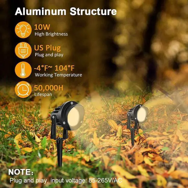 Alt view image 2 of 7 - 120V LED Landscape Spotlights, 10W Outdoor Spotlights for Yard, 3000K Warm White, 120V AC Spot Light with Ground Spike, Waterproof Landscape Lighting for House Garden Lawn Decorative - 2 Pack