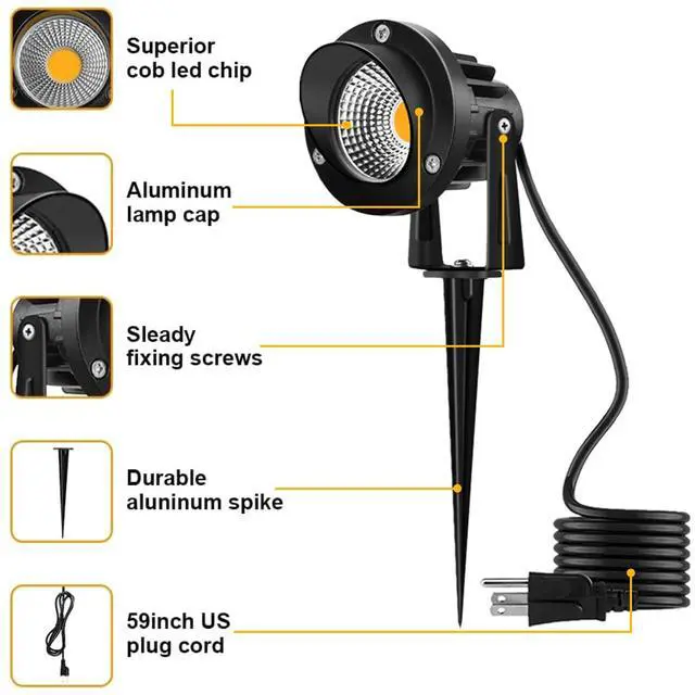 Alt view image 3 of 7 - 120V LED Landscape Spotlights, 10W Outdoor Spotlights for Yard, 3000K Warm White, 120V AC Spot Light with Ground Spike, Waterproof Landscape Lighting for House Garden Lawn Decorative - 2 Pack