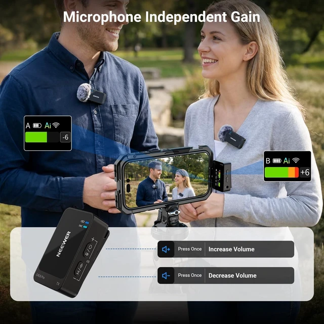 Alt view image 3 of 7 - NEEWER CM26 Pro AI Wireless Microphone Compatible with iPhone Android Phone Camera PC, Lavalier Lapel Mic DSP/MCU Noise Cancellation Mute Gain Low Cut 48KHz/24Bit 88dB SNR 50H Battery 100m Range
