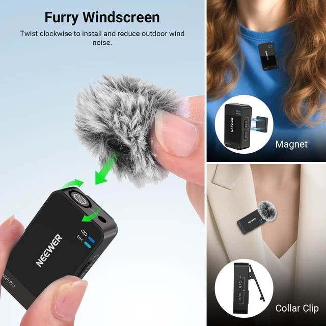 Alt view image 4 of 7 - NEEWER CM26 Pro AI Wireless Microphone Compatible with iPhone Android Phone Camera PC, Lavalier Lapel Mic DSP/MCU Noise Cancellation Mute Gain Low Cut 48KHz/24Bit 88dB SNR 50H Battery 100m Range