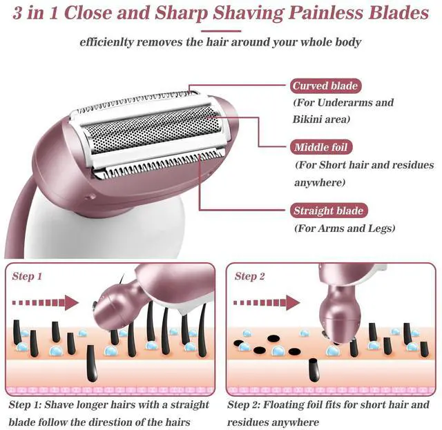 Alt view image 2 of 7 - Electric Shaver for Women for Legs Bikini Trimmer Electric Razors for Women Underarm Public Hairs Rechargeable Womens Shaver Wet Dry Use Painless Cordless with Detachable Head (Pink)