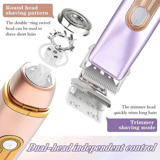 Alt view image 2 of 7 - 2 in 1 Women Electric Shaver - Dual Head Bikini Trimmer - IPX7 Waterproof - Wet & Dry Use - Body Hair Trimmer and Facial Hair Remover for Bikini, Underarm Leg, Private Area, Arm, Body, Face