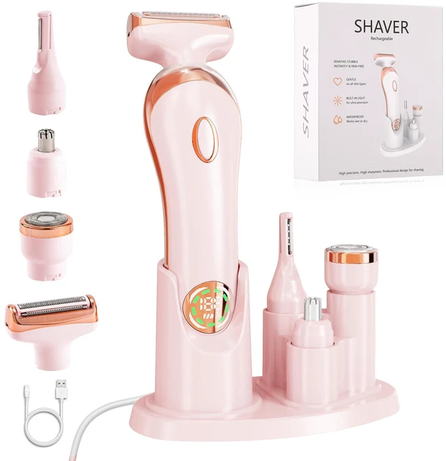 Main image of Electric Shaver for Legs Pubic Body Hair, 4 in 1 Bikini Trimmer for Women, Replaceable Lady Facial Nose Razor, IPX7 Waterproof Rechargeable Women's Grooming Kit