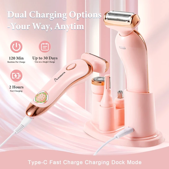 Alt view image 2 of 6 - Electric Shaver for Legs Pubic Body Hair, 4 in 1 Bikini Trimmer for Women, Replaceable Lady Facial Nose Razor, IPX7 Waterproof Rechargeable Women's Grooming Kit