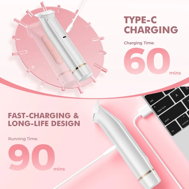 Alt view image 7 of 7 - Bikini Trimmer for Women, 2-in-1 Electric Razors for Women Painless, Pubic Hair Trimmer & Facial Hair Remover, IPX7 Waterproof Rechargeable Lady Shaver for Bikini Area, Legs, Underarms & Face (White)