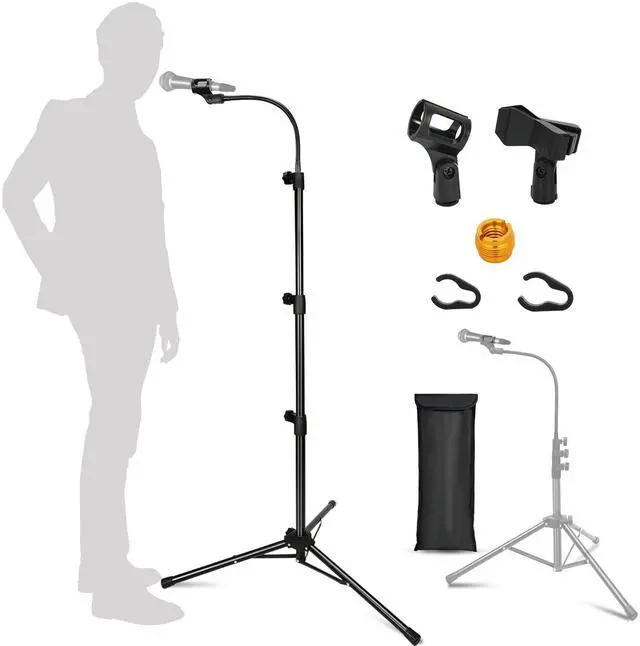 Main image of Mic Stand, Boom Microphone Stands Tripod Gooseneck Microphone Stand Height Adjustable from 24" to 67" with 2 Mic Clips for Singing Stage Performance Party Mic Mount