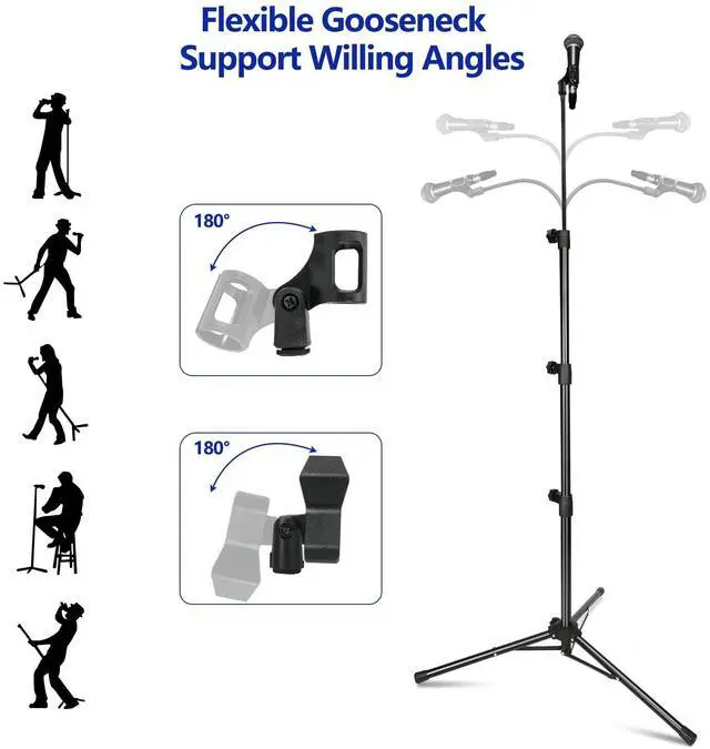 Alt view image 3 of 6 - Mic Stand, Boom Microphone Stands Tripod Gooseneck Microphone Stand Height Adjustable from 24" to 67" with 2 Mic Clips for Singing Stage Performance Party Mic Mount