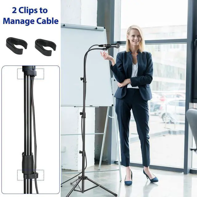 Alt view image 5 of 6 - Mic Stand, Boom Microphone Stands Tripod Gooseneck Microphone Stand Height Adjustable from 24" to 67" with 2 Mic Clips for Singing Stage Performance Party Mic Mount