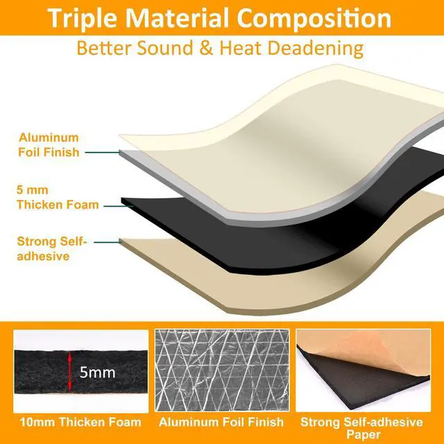 Alt view image 2 of 7 - Car Heat Sound Deadening Insulation Mat - 197 Mil 16.1 Sqft Automobile Sound Deadening & Heat Insulation Material for Auto Hood Engine Roof Door and Trunk, Aluminum Foil Finish