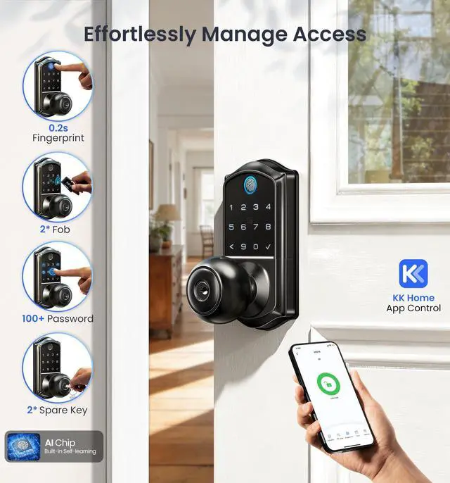 Alt view image 2 of 7 - VE018 Smart Knob Handle Lock - Fingerprint, App Control, Keyless Entry for Front Door and Bedroom, Electronic Digital Keypad, Auto Lock, Remote Access Sharing, IP55 Weatherproof, Matte Black
