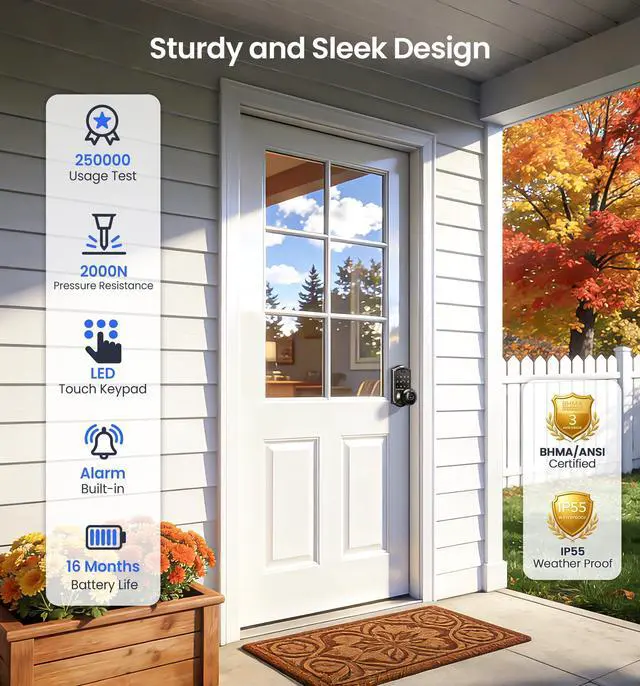 Alt view image 5 of 7 - VE018 Smart Knob Handle Lock - Fingerprint, App Control, Keyless Entry for Front Door and Bedroom, Electronic Digital Keypad, Auto Lock, Remote Access Sharing, IP55 Weatherproof, Matte Black