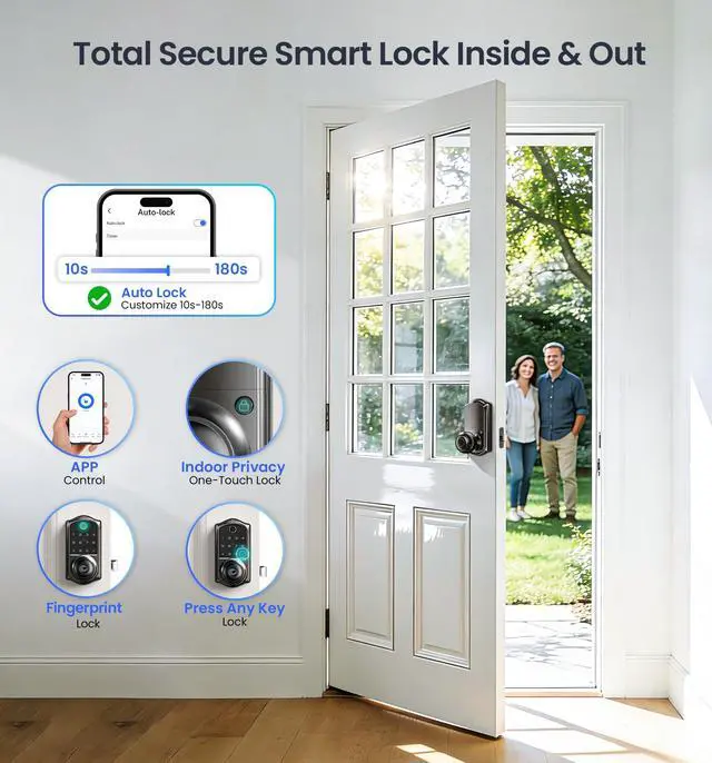Alt view image 6 of 7 - VE018 Smart Knob Handle Lock - Fingerprint, App Control, Keyless Entry for Front Door and Bedroom, Electronic Digital Keypad, Auto Lock, Remote Access Sharing, IP55 Weatherproof, Matte Black