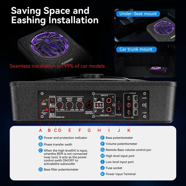 Alt view image 7 of 7 - NEW 1200W Slim Underseat Subwoofer and Amp Package,APP Controls Light Under Seat Subwoofers with Amp Package for Car/Truck/SUV Audio System,Individual Control for Low Pass/Gain/Boost Bass