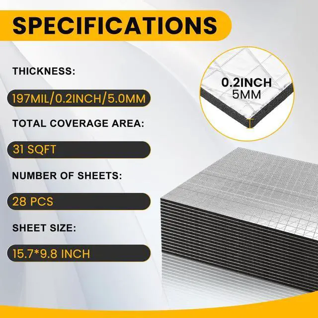Alt view image 2 of 7 - Sound Deading Material for Cars,197 mil(5mm) 31 sqft Sound Deadening,Aluminum Foil Foam Automotive Soundproofing Material,Noise Insulation and Vibration Dampening Material 28 Pcs