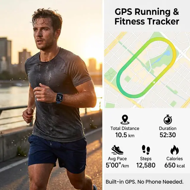 Alt view image 2 of 7 - Tracks Steps Sleep Heart Rate Oxygen Built-in GPS Running Watch, On Battery Long Life, 50m Waterproof, Runners Calorie Swimming Counts Bands, AMOLED Display Step Counter Men WomenBlue