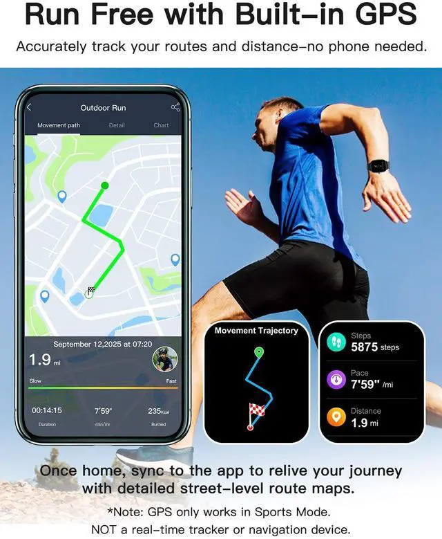 Alt view image 2 of 7 - Smart Watches for Men Women with GPS Built-in, Answer/Make Calls, 1.95" Smartwatch for iPhone/Android Phones, Fitness Watch with Heart Rate/Sleep Monitor 100+ Sports Modes IP68 Waterproof (Black)
