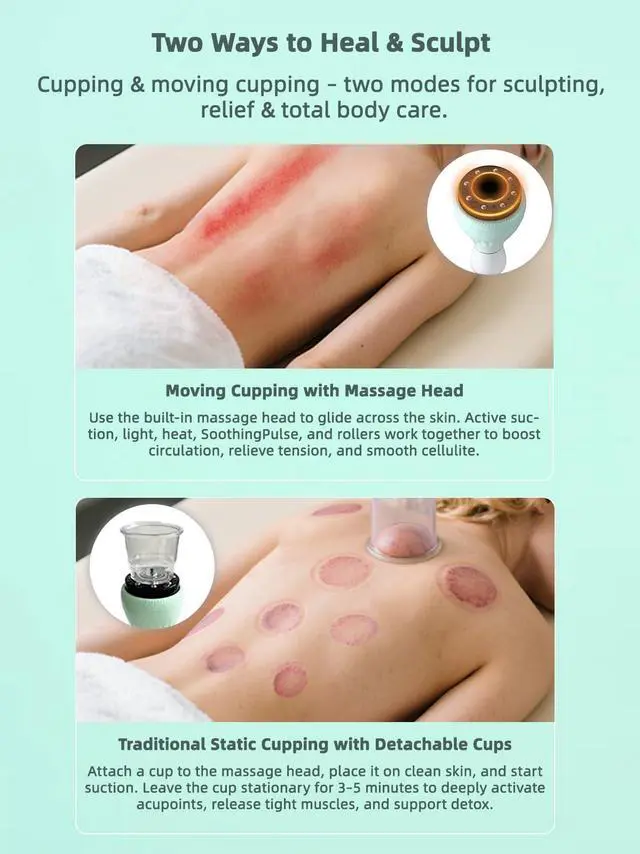 Alt view image 4 of 6 - Electric Cupping Kit for Massage Therapy with Heat Cellulite Massage Tool, Lymphatic Drainage Massager, Pain Relief for Back, Neck & Shoulders Moving & Static Cupping Set for Body Sculpting
