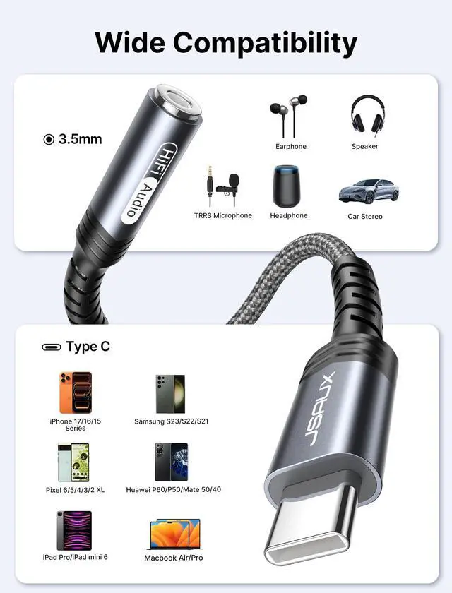 Alt view image 5 of 7 - USB Type C to 3.5mm Female Headphone Jack Adapter, USB C to Aux Audio Dongle Cable Cord Compatible with iPhone 17 Pro Max/16 Pro/15, Samsung Galaxy S24/S23/S22 Ultra, iPad Pro, Pixel 9/8 Grey