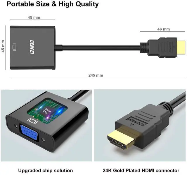 Alt view image 6 of 7 - HDMI to VGA, 5 Pack, Gold-Plated HDMI to VGA Adapter (Male to Female) for Computer, Desktop, Laptop, PC, Monitor, Projector, HDTV, Chromebook, Raspberry Pi, Roku, Xbox and More - Black