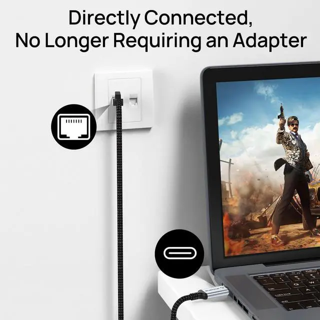 Alt view image 2 of 7 - USB C to Ethernet Cable 10FT, Type C to RJ45 Nylon Cord, Gigabit Directly Connected, Compatible for MacBook Pro, iPad Pro, Smartphone, Laptop, PC