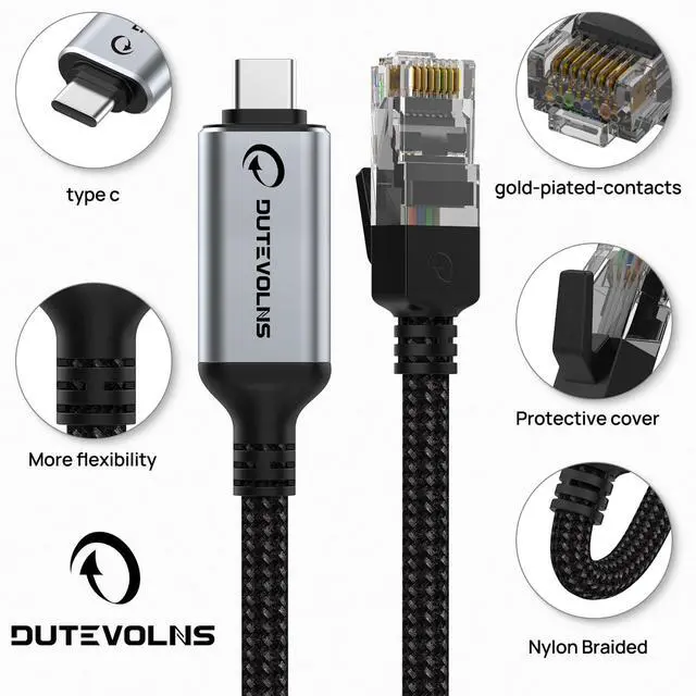 Alt view image 5 of 7 - USB C to Ethernet Cable 10FT, Type C to RJ45 Nylon Cord, Gigabit Directly Connected, Compatible for MacBook Pro, iPad Pro, Smartphone, Laptop, PC