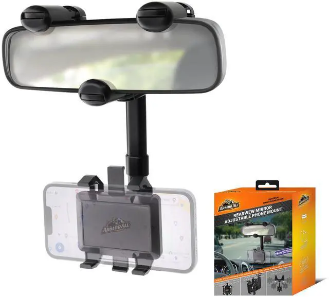 Main image of Phone Mount for Car, Rear View Mirror Phone Holder, 360° Rotatable, Adjustable Telescopic Arm, Car Phone Holder for iPhone, Samsung, & All Cell Phones Between 2.5 in 3.7 in. Wide