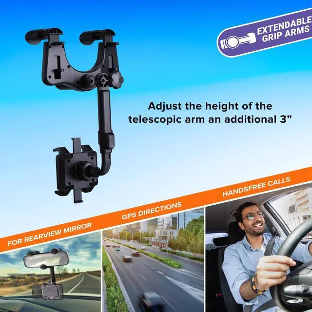 Alt view image 5 of 7 - Phone Mount for Car, Rear View Mirror Phone Holder, 360° Rotatable, Adjustable Telescopic Arm, Car Phone Holder for iPhone, Samsung, & All Cell Phones Between 2.5 in 3.7 in. Wide