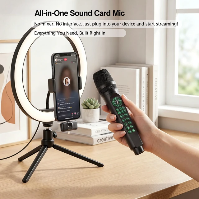 Alt view image 2 of 7 - MC9 Online Karaoke Microphone for Phone/PC, Live Streaming Microphone Set | Easy Podcast Kit w/Built-in Sound Card, Voice Changer, Real-Time Monitoring for TikTok YouTube Live Recording Beginners