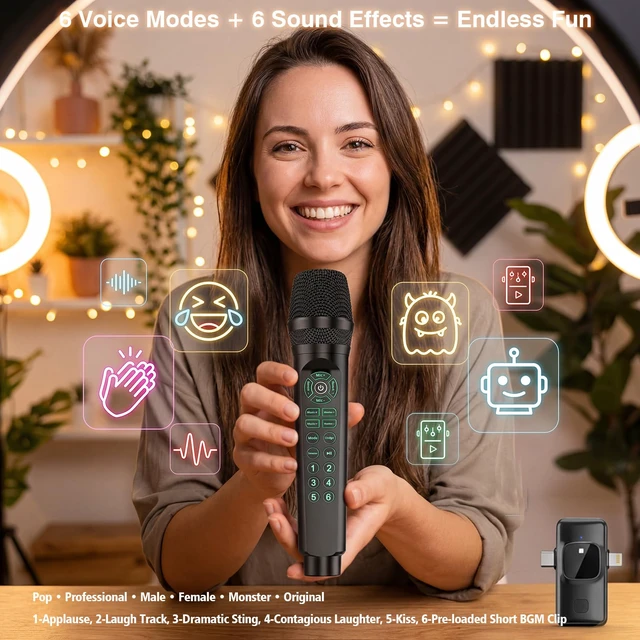 Alt view image 3 of 7 - MC9 Online Karaoke Microphone for Phone/PC, Live Streaming Microphone Set | Easy Podcast Kit w/Built-in Sound Card, Voice Changer, Real-Time Monitoring for TikTok YouTube Live Recording Beginners