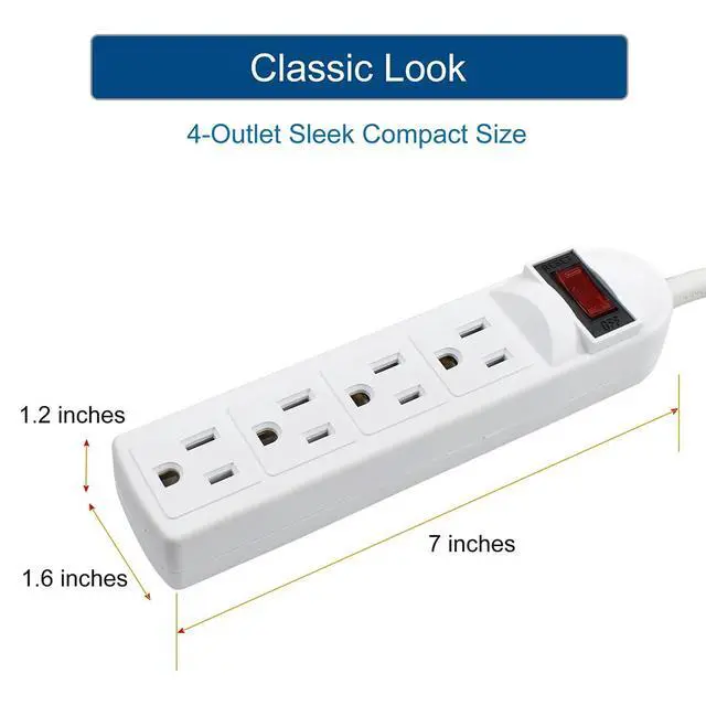 Alt view image 2 of 5 - 4-Outlet Power Strip with Angled Flat Plug, 20-Inch Short Cord, 250 Joules Surge Protection, Lighted On/Off Switch, Circuit Breaker, ETL Listed, Compact Space-Saving Design for Kitchen, Office, Travel
