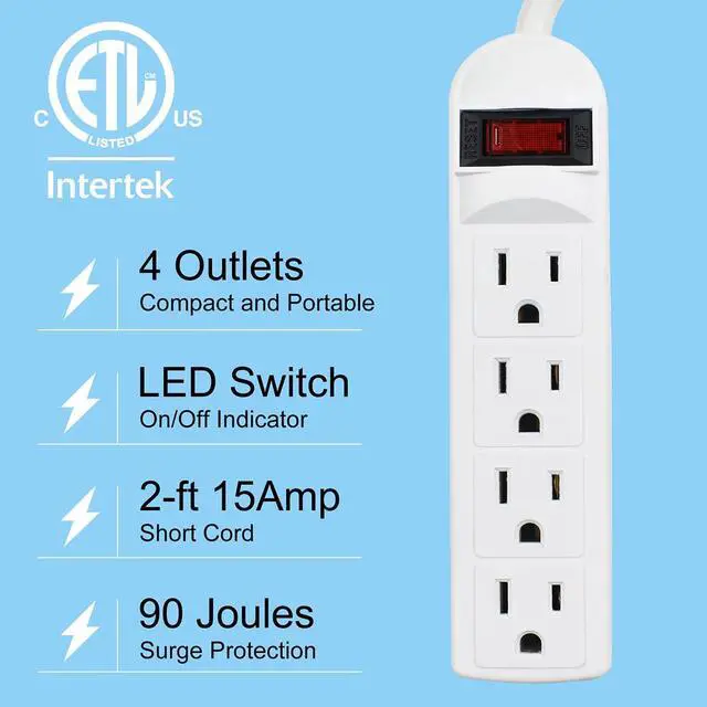 Alt view image 3 of 5 - 4-Outlet Power Strip with Angled Flat Plug, 20-Inch Short Cord, 250 Joules Surge Protection, Lighted On/Off Switch, Circuit Breaker, ETL Listed, Compact Space-Saving Design for Kitchen, Office, Travel