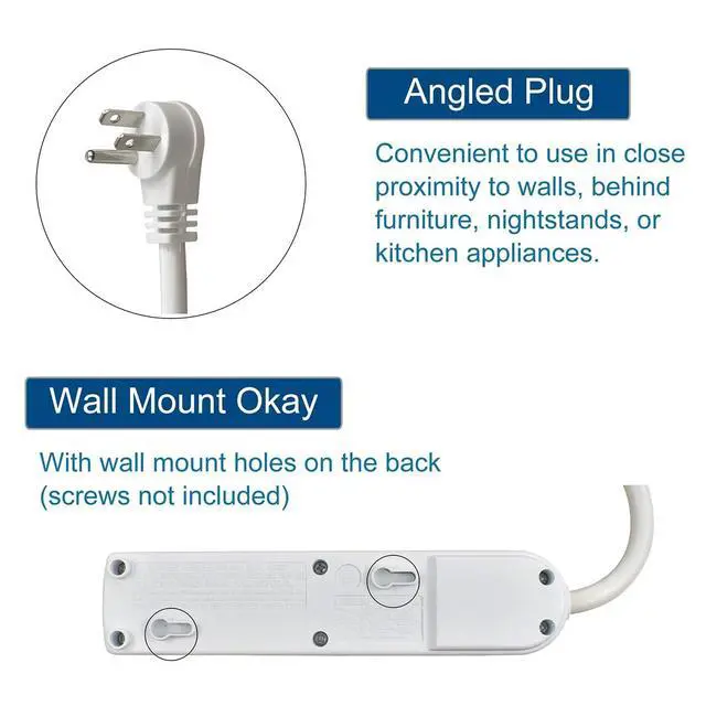 Alt view image 4 of 5 - 4-Outlet Power Strip with Angled Flat Plug, 20-Inch Short Cord, 250 Joules Surge Protection, Lighted On/Off Switch, Circuit Breaker, ETL Listed, Compact Space-Saving Design for Kitchen, Office, Travel