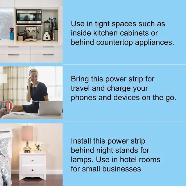 Alt view image 5 of 5 - 4-Outlet Power Strip with Angled Flat Plug, 20-Inch Short Cord, 250 Joules Surge Protection, Lighted On/Off Switch, Circuit Breaker, ETL Listed, Compact Space-Saving Design for Kitchen, Office, Travel