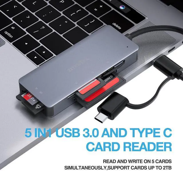 SD Card Reader, Aluminum 5in1 USB USB-C to SD Micro SD MS CF XD Card ...