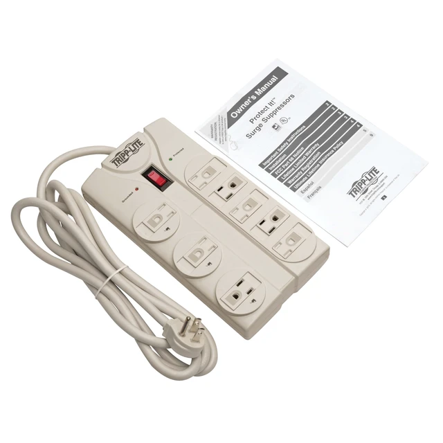 Alt view image 5 of 7 - Eaton TLP808 White Flat Plug Surge Protector 8 Outlets 1440 Joules, 8ft Extension Cord Power Cable, EMI/RFI Filtering, Power Strip, Under Desk & Wall Mountable