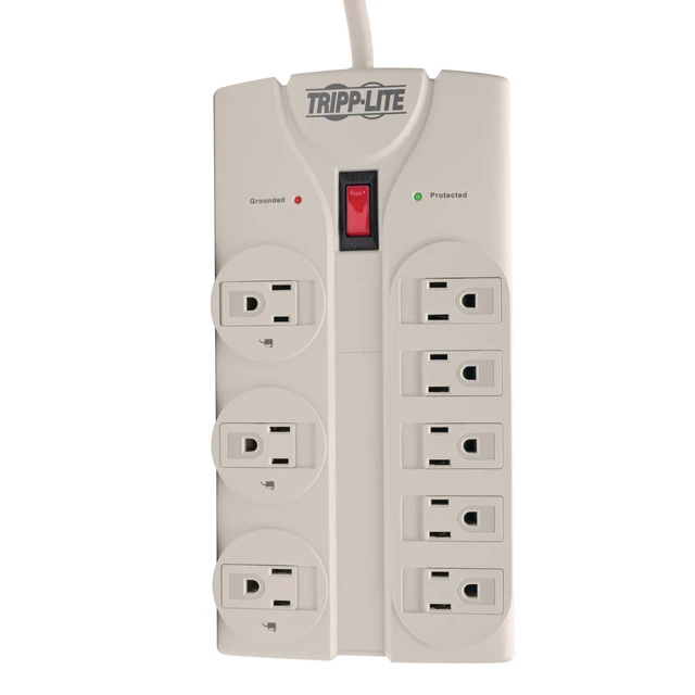 Alt view image 6 of 7 - Eaton TLP808 White Flat Plug Surge Protector 8 Outlets 1440 Joules, 8ft Extension Cord Power Cable, EMI/RFI Filtering, Power Strip, Under Desk & Wall Mountable