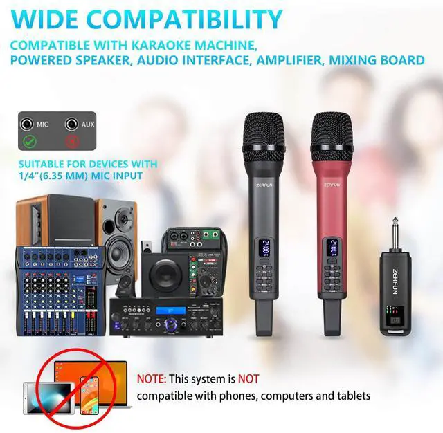 Alt view image 2 of 7 - Dual Rechargeable Wireless Microphones, Pro Handheld Cordless Mics System with Echo Treble BASS VOL Control for Karaoke Singing Church Party, 1/4'' Output, Grey&Red