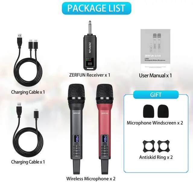 Alt view image 7 of 7 - Dual Rechargeable Wireless Microphones, Pro Handheld Cordless Mics System with Echo Treble BASS VOL Control for Karaoke Singing Church Party, 1/4'' Output, Grey&Red