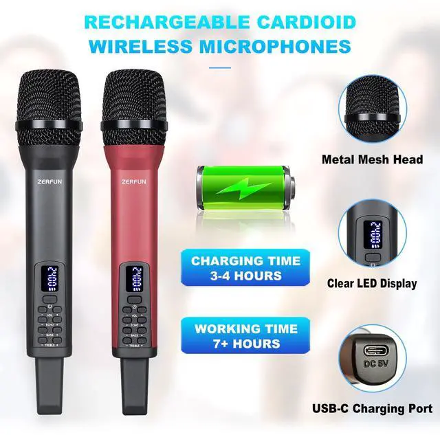 Alt view image 3 of 7 - Dual Rechargeable Wireless Microphones, Pro Handheld Cordless Mics System with Echo Treble BASS VOL Control for Karaoke Singing Church Party, 1/4'' Output, Grey&Red