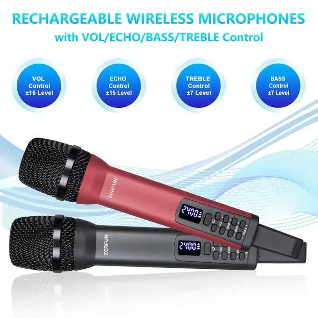 Alt view image 4 of 7 - Dual Rechargeable Wireless Microphones, Pro Handheld Cordless Mics System with Echo Treble BASS VOL Control for Karaoke Singing Church Party, 1/4'' Output, Grey&Red
